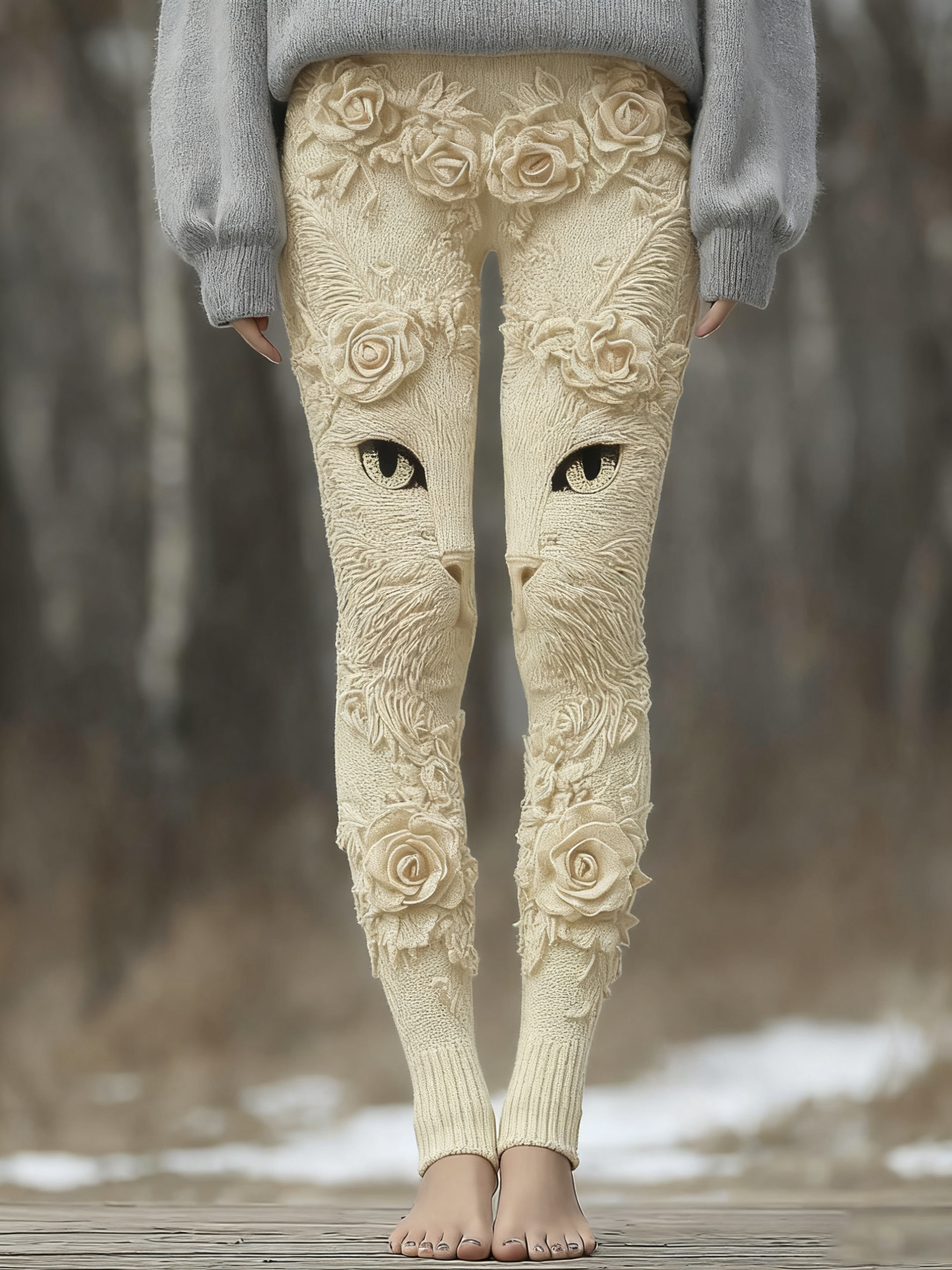 Vintage Cute Cat Face With Roses Art Embroidered Cozy Knit Leggings elevenforest
