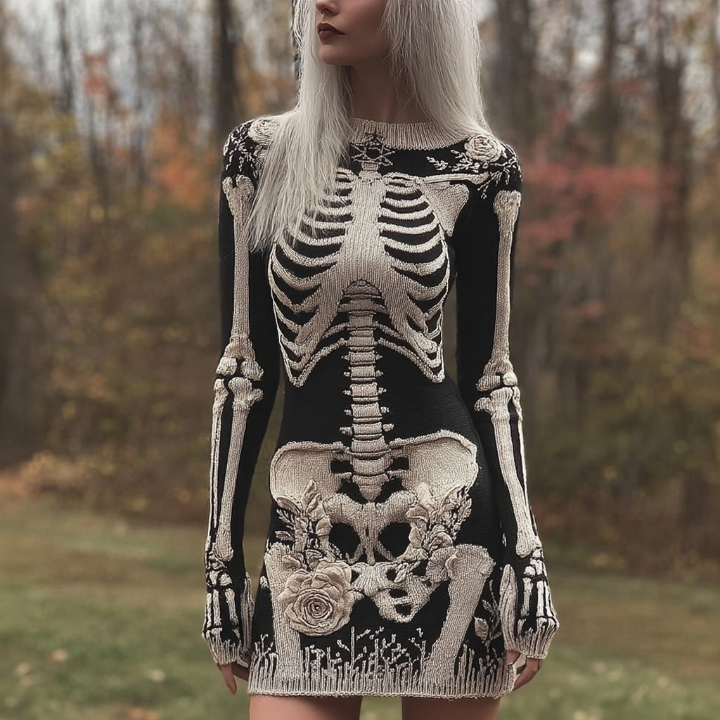 Comstylish Vintage Skeleton White Roses Cozy Knit Sweater Mini Dress
