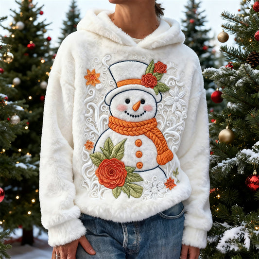 Comstylish Christmas Snowman Floral Embroidery Design Women's Flannel Hooded Sweater