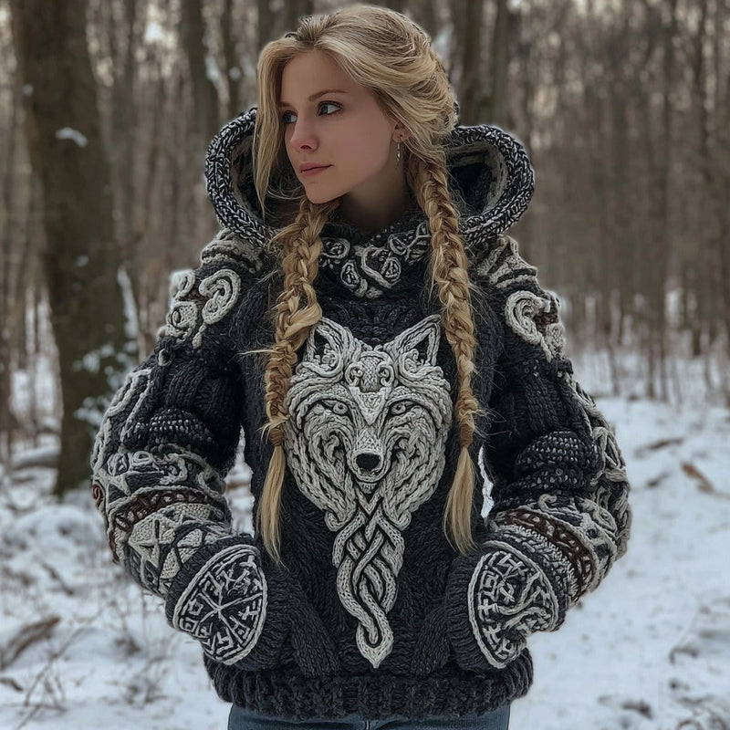 Cardigan s kapucí ze směsové bavlny s motivem keltského vlka