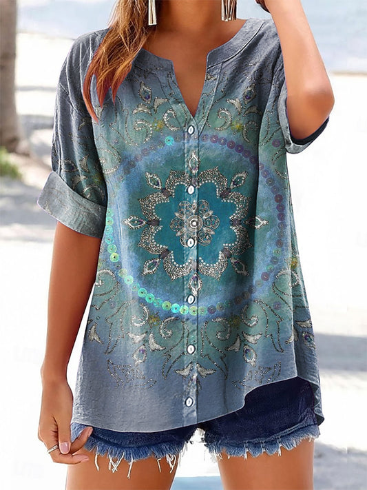 Women's Vintage Ethnic Floral Art Print Casual Cotton And Linen Shirt