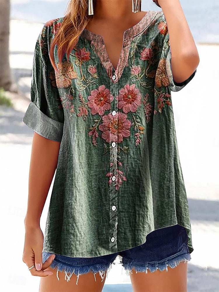 Women's Floral Pattern Art Print Casual Cotton Linen Short Sleeve Shir