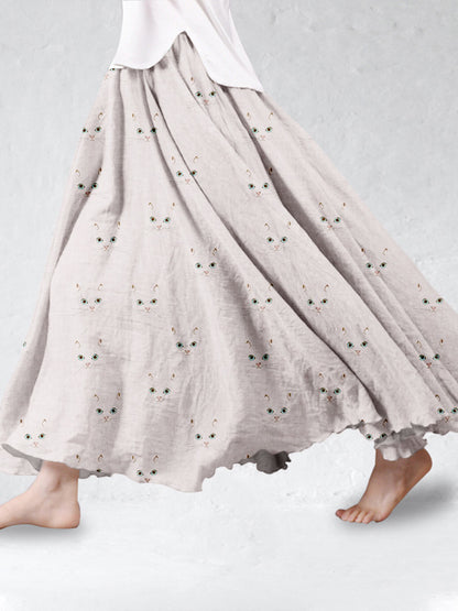 Cute Cat Face Pattern Linen Blend Flowy Wide Skirt elevenforest