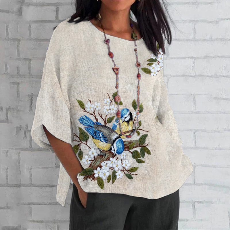 Women's Apricot Blossom And Kingfisher Embroidery Art  Loose Crew Neck Tops artswardrobe