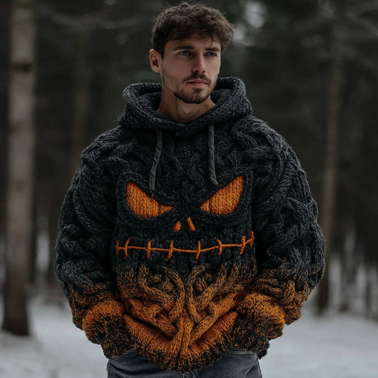 Men's Halloween Spooky Face Gradient Inspired Knitted Cozy Hooded Sweater artswardrobe