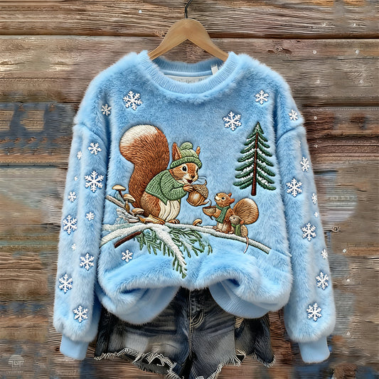 Women's Squirrel Embroidery Round Neck Cozy Plush Sweatshirt