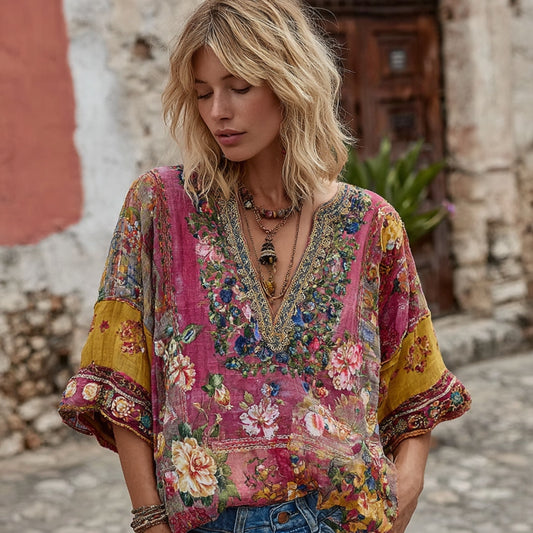 Comstylish Women's Vintage Flower Embroidered Art V-neck Linen Blend Shirt