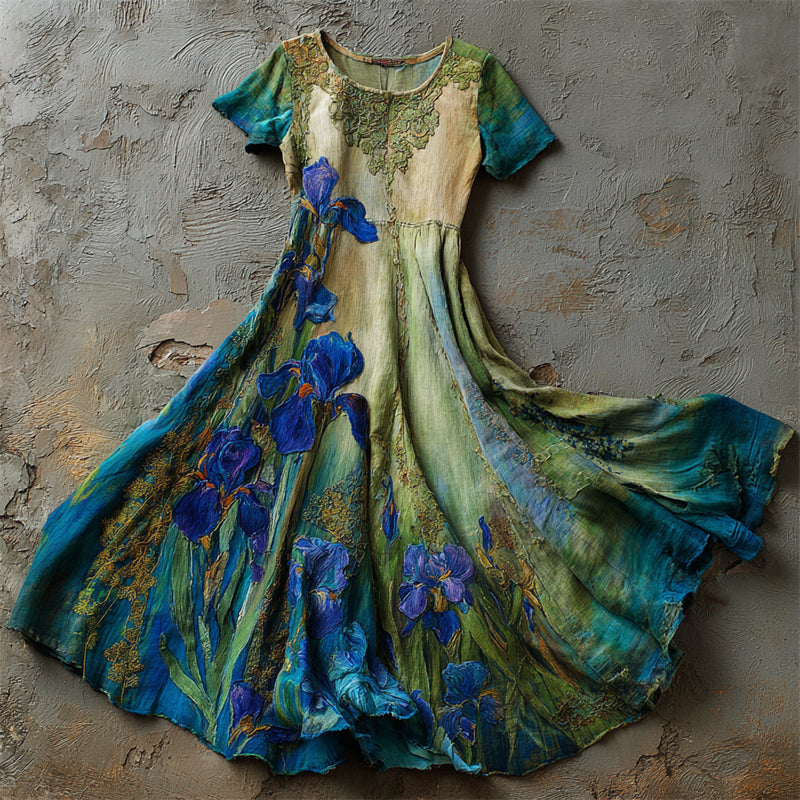 Oil Painting Irises Embroidered  Lace Flowy Linen Maxi Dress