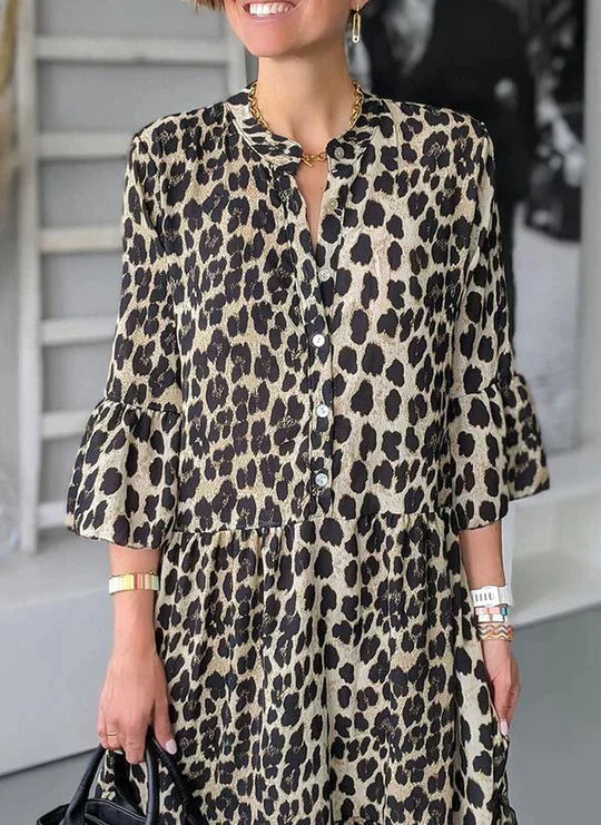 AS | Midi šaty s leopardím vzorem, knoflíkovou légou a 3/4 rukávy
