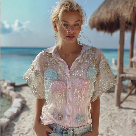 Bohème Marine Jellyfish Art Leisure Stripes Collar Shirt elevenforest