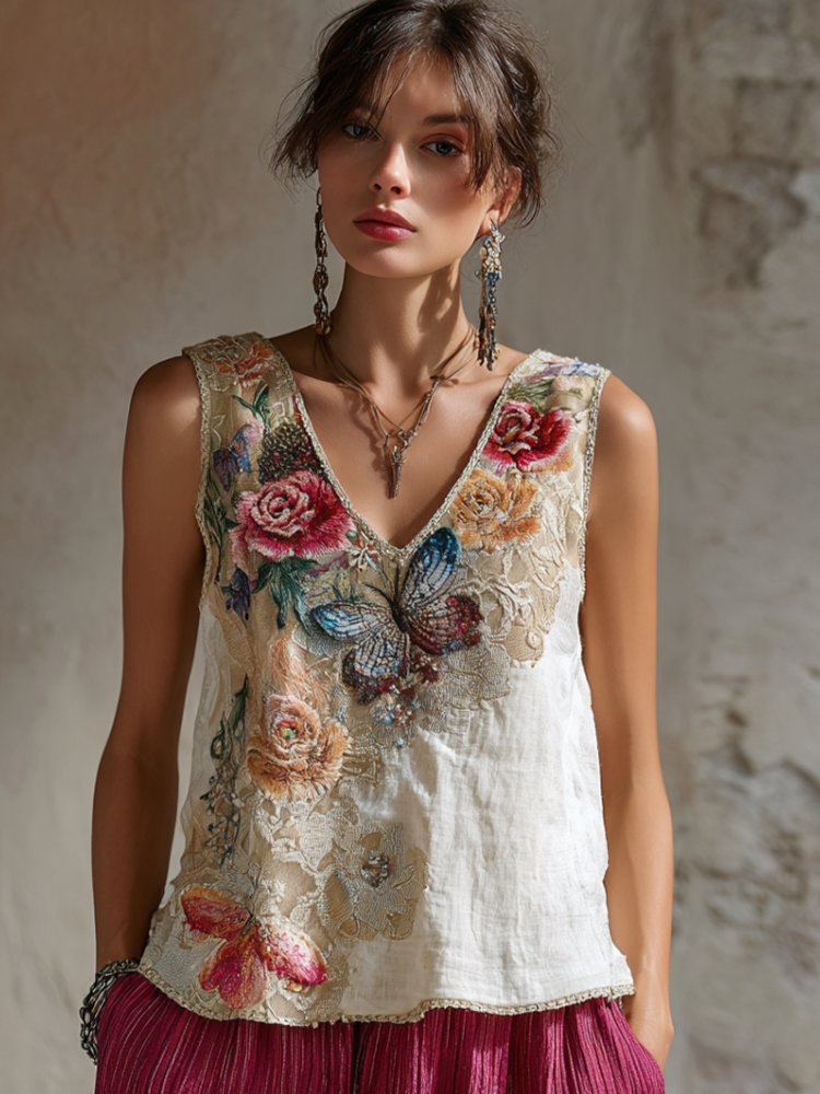 Comstylish Bohemian Style Plant Flower And Butterfly Embroidery Pattern Women's Cotton And Linen Sleeveless V-neck Top