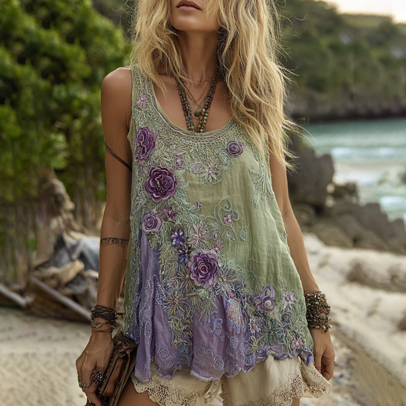 Vintage Classy Gradient Purple Lavender And Floral Embroidered Pattern Linen Tank Top artswardrobe