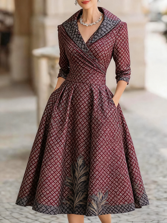 Women's retro cold jacquard print medium and long dress