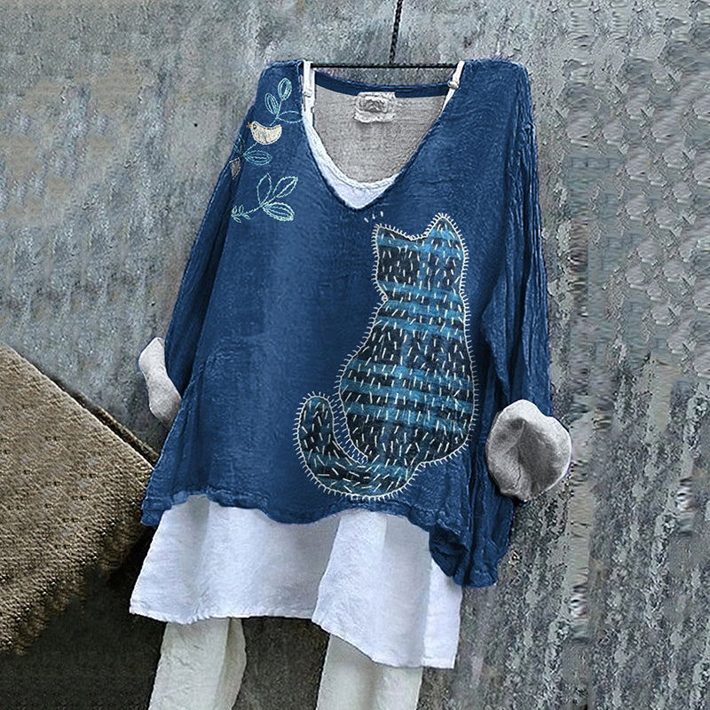 Women's Flower And Cat Embroidery Art Linen V-neck Shirt elevenforest