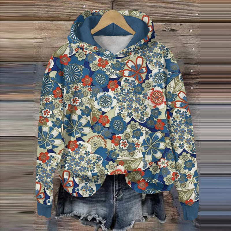Comstylish Japanese Art Sakura Print Casual Hoodie