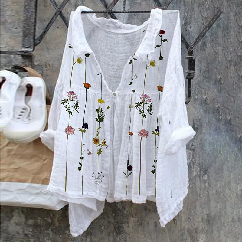 Comstylish Floral Pattern Ladies Casual Floral Print Cotton Linen  Shirt