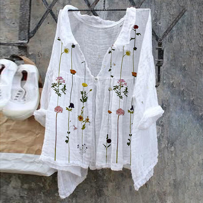 Comstylish Floral Pattern Ladies Casual Floral Print Cotton Linen  Shirt