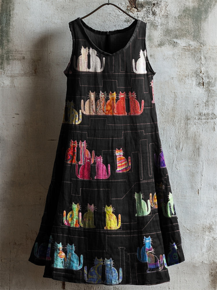 Comstylish Colorful Cats Patchwork Fiber Art Linen Dress
