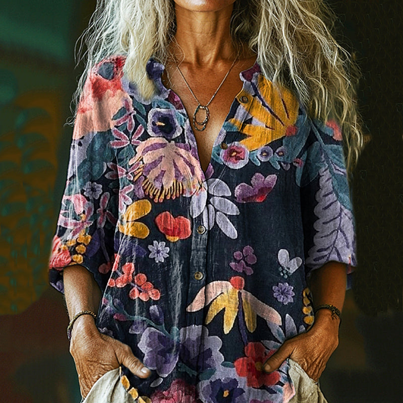 Comstylish Women's Vintage Bohemian Floral Print Casual Shirt